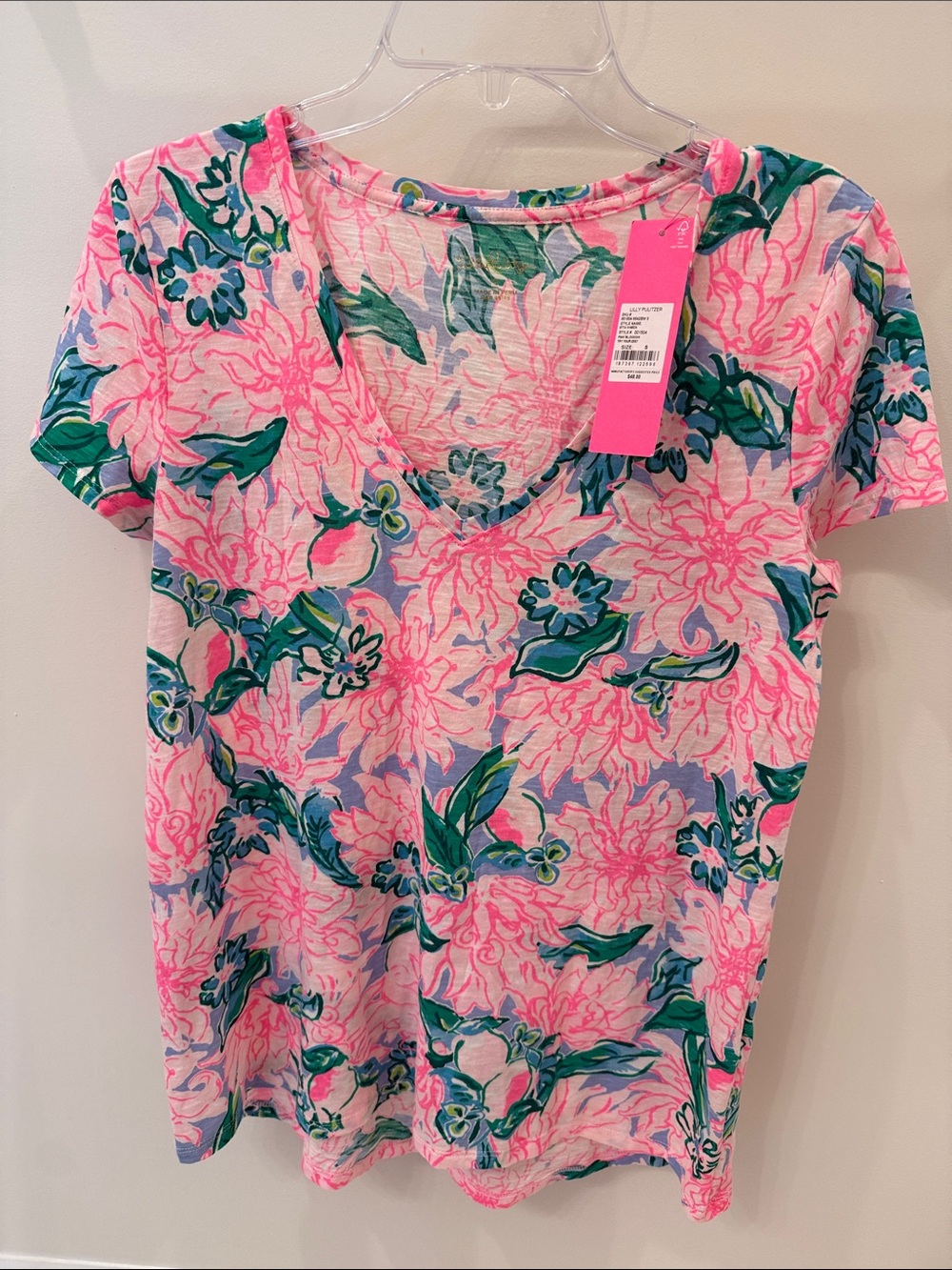 Floral V-Neck Short Sleeve Top - Pink & Green